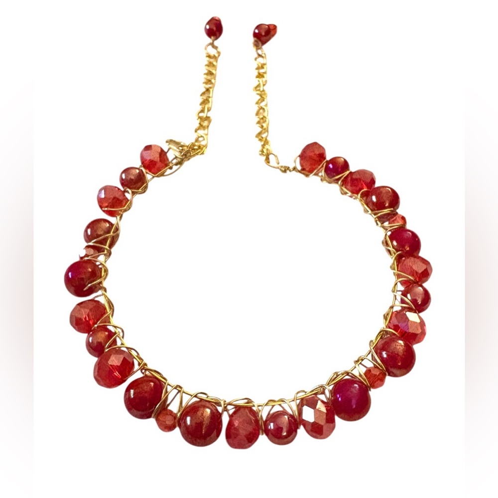 Austrian Crystal Beaded Handwired Bangle Bracelet with Extender Chains in Reds